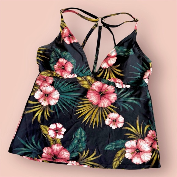 Kona Sol Tropical Black Coral Pink Adjustable Tankini Top Padded Size M - Picture 1 of 6